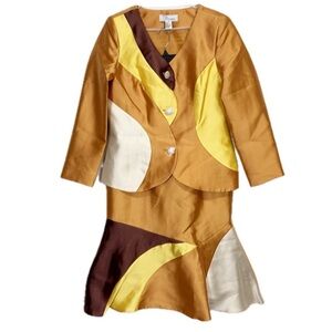 EY Boutique Skirt Suit Womens 8 Brown Yellow Colorblock Jewel Buttons NWT